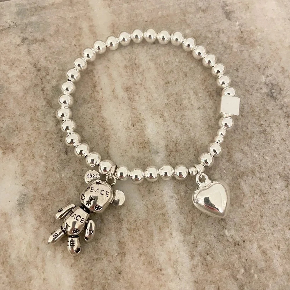 925 Sterling Silver Teddy Bear & Heart Charm Bracelet Dainty Bead Charm Bracelet - Picture 6 of 6